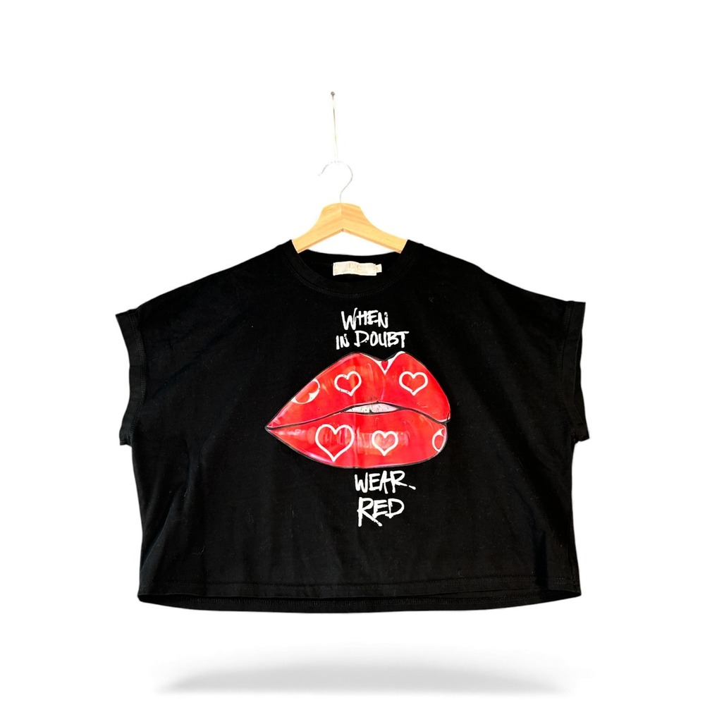 LC Lazette Collection Womens Black Lips Hearts‎ Graphic T Shirt Size S